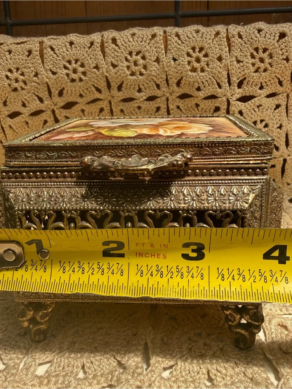 VTG Matson Style Gold Filigree Jewelry Box Casket Porcelain Rose Velvet Lined 4